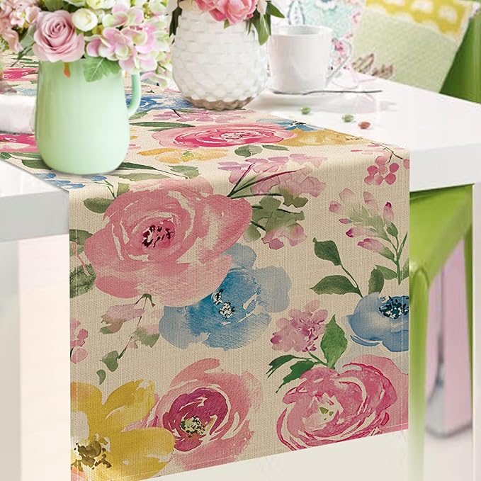Seliem Spring Summer Watercolor Flower Table Runner, Peony Floral Kitchen Dining Table Decor, Seasonal Burlap Home Decoration Indoor Outdoor Party Supply 13 x 72 Inches