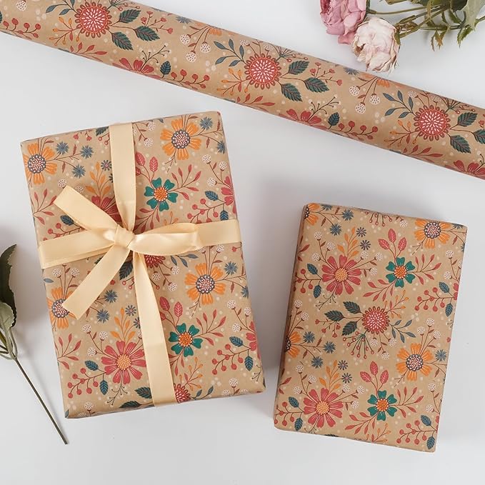 Aimyoo Kraft Floral Wrapping Paper Roll - Jumbo Roll - 30 Inch x 33 Feet - All Occasion Vintage Flower Gift Wrap Paper for Mother's Day Wedding Birthday Bridal Shower