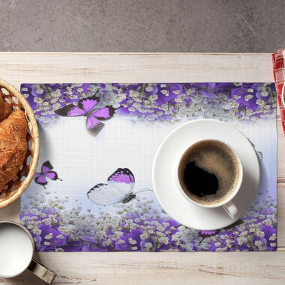 Purple Butterfly Flowers Placemats Set of 4,Spring Summer Flower Place Mats Washable for Kitchen Dining Table Heat Resistant Decorative Colth Table Mats 4 PCS, Style-1