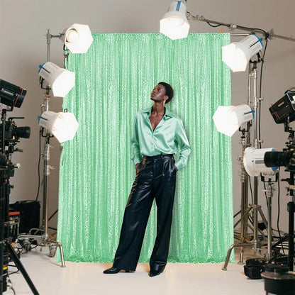Mint Green Sequin Backdrop Curtain 4 Pieces 2FTx8FT Glitter Photography Backdrop for Party Wedding Birthday Christmas Decorations