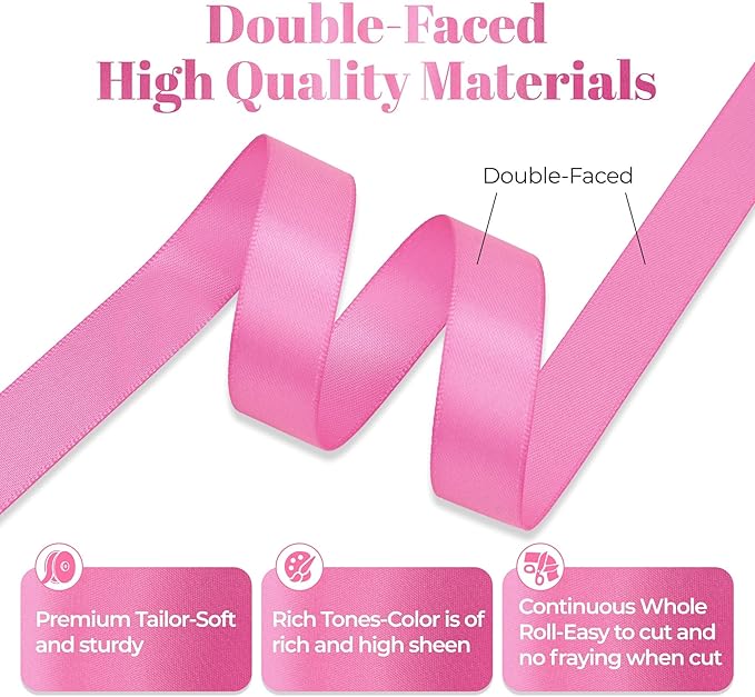 Double Faced Hot Pink Satin Ribbon, 5/8 Inch X 50 Yards Polyester Ribbon for Gift Package Wrapping, Crafts, Bow Making, Sewing, Flower Bouquet, Wedding Party Decor