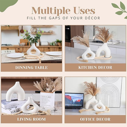 LUSHAURA Donut Vase Set | 2 Modern Boho Vases - 58" Wooden Garland & Felt Pads | Scandinavian Home Decor - White Vases for Flowers - Entry Table Decor - Boho Shelf Decor - Organic Modern Home Decor