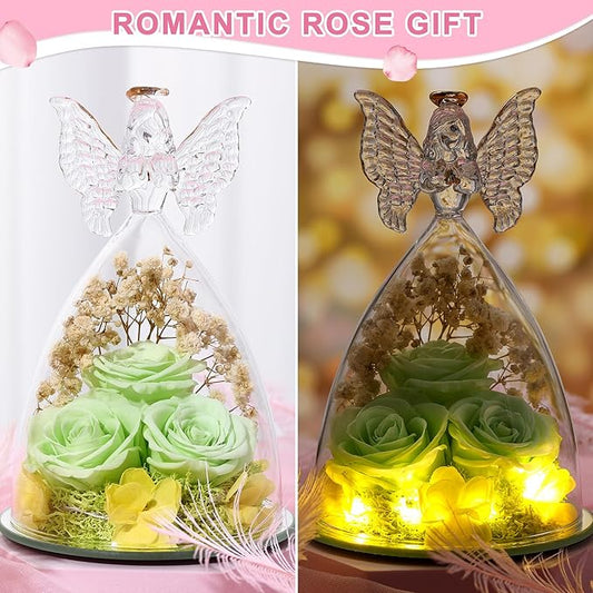 Mothers Day Mom Gifts for Women Preserved Flowers in Glass Angel Forever Flowers Gifts Eternal Roses Gifts for Grandma, Green