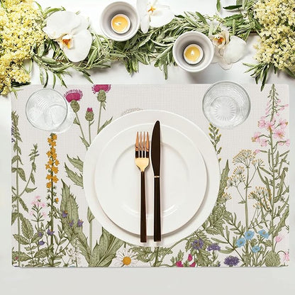 Wild Flowers Placemats Set of 4,Vintage Floral Plant 12x18 Inch Non-Slip Washable Heat Resistant Linen Fabric Table Mats,Place Mats for Holiday Party