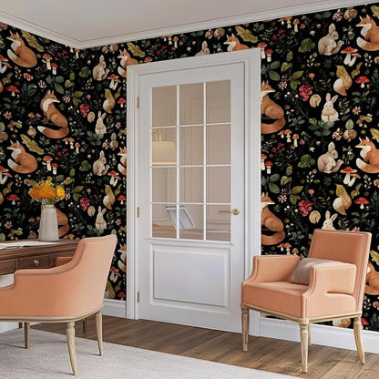 Vintage Fox Rabbit Mushroom Peel and Stick Wallpaper Removable Whimsical Botanical Leaf 17.7" x 118.11" Wall Paper Watercolor Self Adhesive Contact Paper for Classroom Bedroom laundry room bathroom