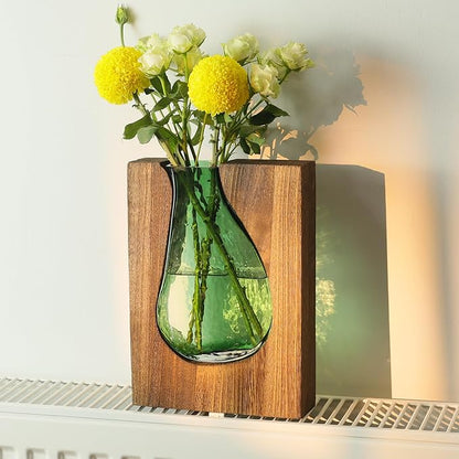 Wood and Glass Inlay Vases Farmhouse Wooden Glass Flower Vase Solid Wood Glass Vase Home Decor Vases for Centerpiece (9.29 Inches)