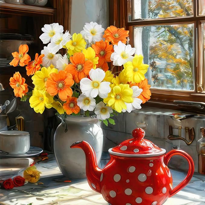 6 Pcs Artificial Flowers with Stems Faux Daisy Flowers Bouquet Orange Gardenia Silk Flowers for Home Decor Indoor Vase Outdoors Balcony Table Centerpiece Outside Floral Arrangements Wedding