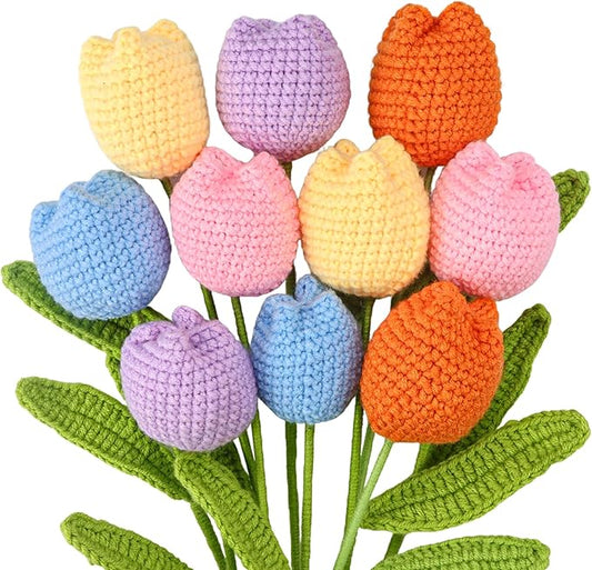 TLY 10 Pcs Crochet Tulips Flowers Artificial Flowers Bouquet Finished Handmade Knitted Tulip Bouquets with Leaf and Long Stem for Home Centerpieces Decor Valentine's Day Wedding Anniversary