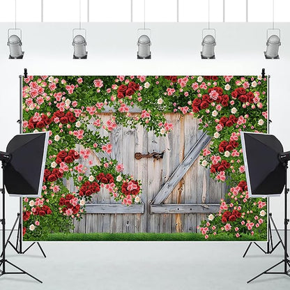 AOFOTO Barn Door Rose Backdrop Rustic Red Pink Beige Flowers Background Romantic Phtography Banner for Anniversary Wedding Decor Photo Studio Photobooth Props 8x6ft