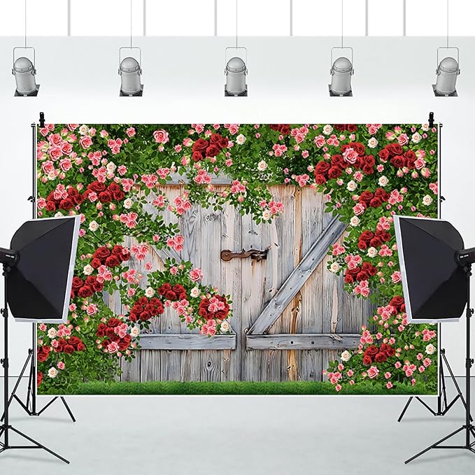 AOFOTO Barn Door Rose Backdrop Rustic Red Pink Beige Flowers Background Romantic Phtography Banner for Anniversary Wedding Decor Photo Studio Photobooth Props 12x8ft