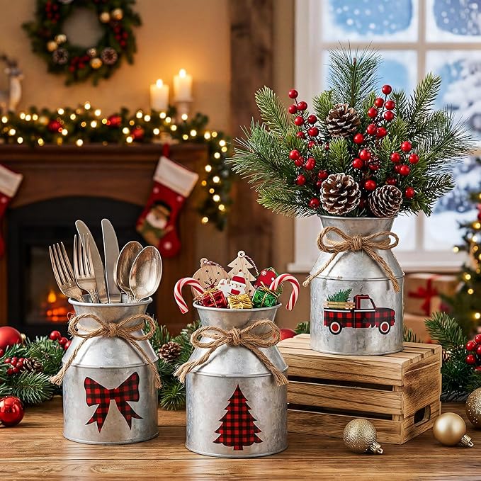 Domensi 6 Pcs Christmas Flower Vases for Table Centerpieces Bulk 5.12 Inch Metal Galvanized Farmhouse Flower Buckets with Bow Rustic Xmas Milk Can Jug for Kitchen Dining Room Table Decor (Iron)