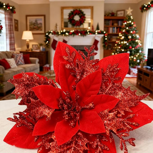 24 PCS Poinsettia Flower Artificial Red Christmas Flowers Artificial 5.5'' Glitter Poinsettias Artificial Christmas Tree Flower with Clips DIY Xmas Wreath Holiday New Year Home Party Decor