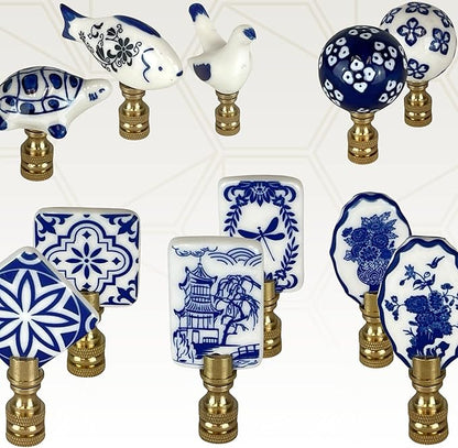 Royal Designs, Inc. Blue Porcelain Ball with White Ornament Design Finial for Lamp Shade, Polished Brass