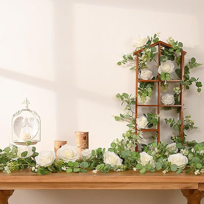 Dolicer 2Pcs 13Ft Artificial Eucalyptus Garlands with Flowers - 8 Roses, Faux Floral Greenery Garlands Fake Flowers Vines for Wedding Table Centerpieces Arch Party Ceremony Backdrop Decor (White)