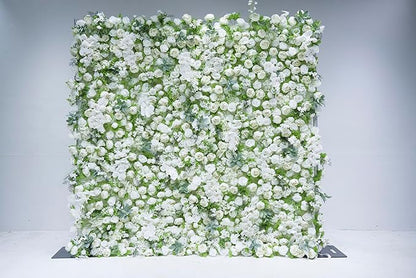 8x8ft(2 pcs of 4ftx8ft) Artificial Silk Fabric Flower Wall Cloth-Based Background 5D White Rose Fabric Rolling Up Floral Backdrop for Wedding Baby Shower Party and Home Decor