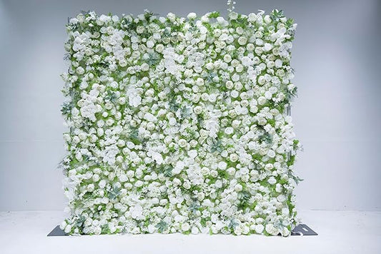 8x8ft(2 pcs of 4ftx8ft) Artificial Silk Fabric Flower Wall Cloth-Based Background 5D White Rose Fabric Rolling Up Floral Backdrop for Wedding Baby Shower Party and Home Decor