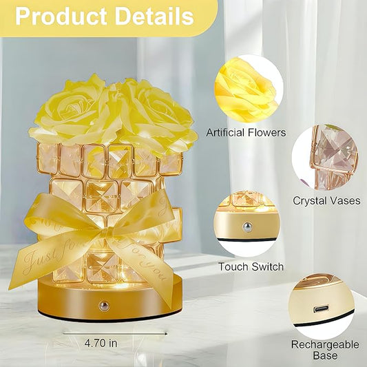 Christmas Gifts for Woman, Touch Crystal Rose Lamp, Elegant Flower lamps, Yellow Roses Crystal Lights Base, Yellow Nightlight, Gifts for Her, Mom, Wife, Girlfriend, Valentines, Birthday Gifts