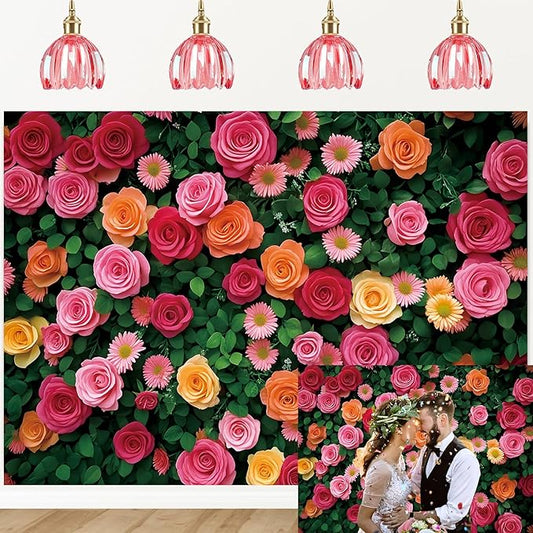 Flowers Backdrop for Photography Colorful Rose Floral Green Leaf Wall Backdrop for Valentine's Day Wedding Bridal Shower Birthday Party Decoration Supplies (60x36 inch (5x3FT))