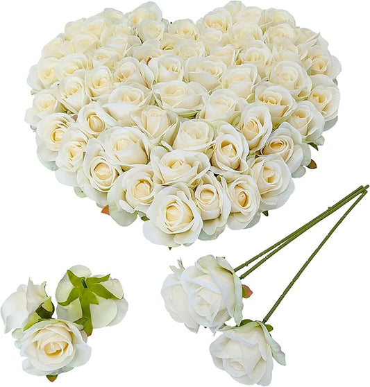 Artificial Satin Rose Flower Heads,42 Pcs Silk Rose Heads with Stems,3.5'' Rose Artificial Flowers Bulk,Artificial Rose Flower Heads for DIY Crafts Bouquet (42, Ivory)