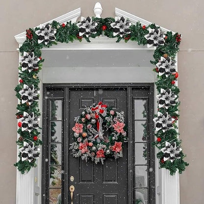 15Pcs Christmas Poinsettia Artificial Flowers Decorations, Glitter Poinsettia Christmas Tree Ornaments, Black Tree Flowers for Xmas/Wedding/Holiday/Wreath/Garland Decor, with Cilps, 5.5 Inch