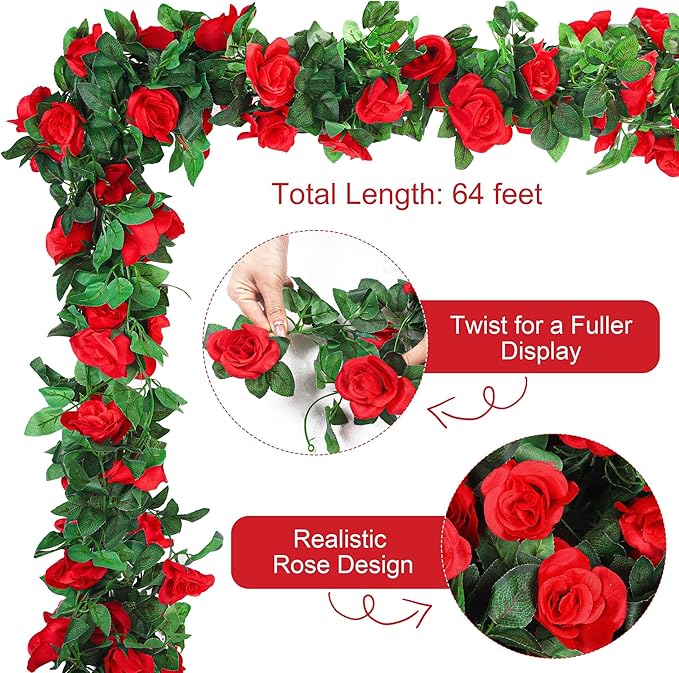 Aneco 8 Pack 64 FT Red Flower Garland Artificial Rose Vines Roses Fake Vine Flowers Plants Party Supplies for Holiday Wedding Garden Craft Art Decoration