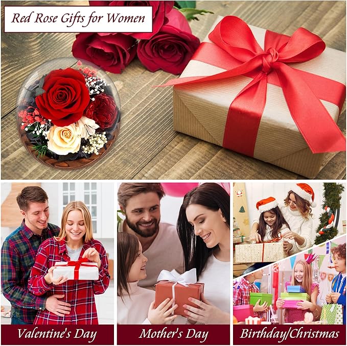 Birthday Gifts for Women Preserved Red Real Rose Flowers in Glass Dome, Forever Rose Gift for her Mom Wife Girlfriend on Christmas Birthday Anniversary