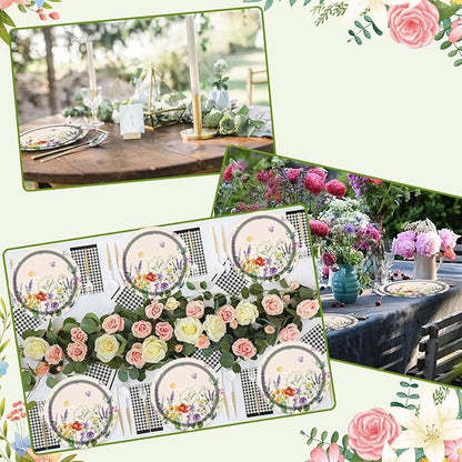 75pcs Floral Disposable Tableware Set, Spring Floral Paper Party Plates Napkins Forks Watercolor Flower Dinnerware Favors for Baby Shower Girls Women Birthday Tea Picnic Serve 25 Guests