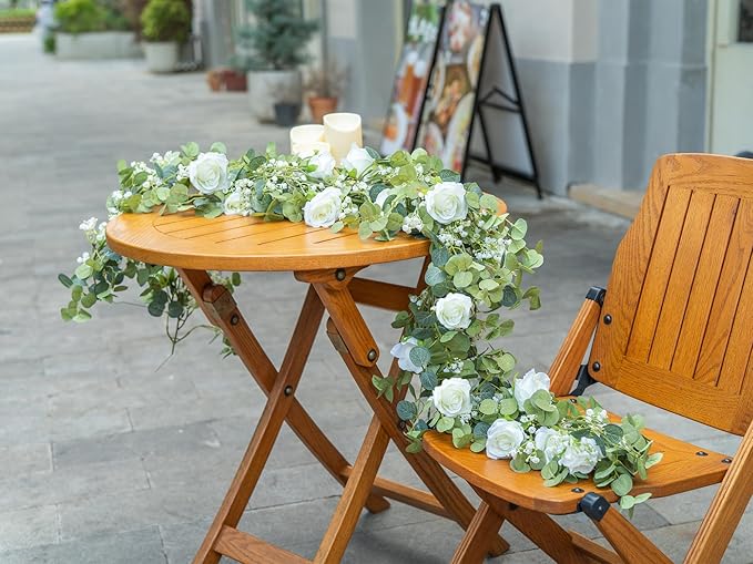 6FT Artificial Eucalyptus Garland with Flowers, 10 White Roses Baby Breath Garland Floral Greenery for Wedding Party Centerpiece Table Runner Backdrop Wall Decor Decoration