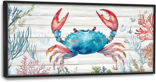 Crab with Coral Large Decor Framed Wall Art Ocean Pictures for Living Room, Nautical Oversized Canvas Print Painting Modern Extra Large Framed Artwork for Bedroom Office Home Decor 60"x30"