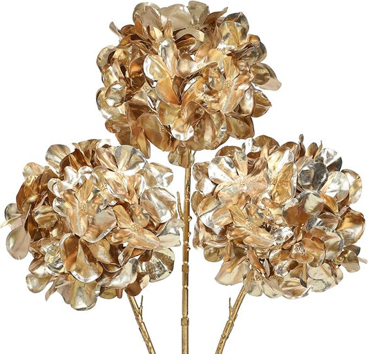 Hollyone 3Pcs Artificial Hydrangea Flowers 26inch Christmas Ornaments Flowers Champagne Gold Fake Hydrangea Flower Floral Arrangements Bouquets Xmas Faux Hydrangeas Stems Wedding Christmas Home Decor
