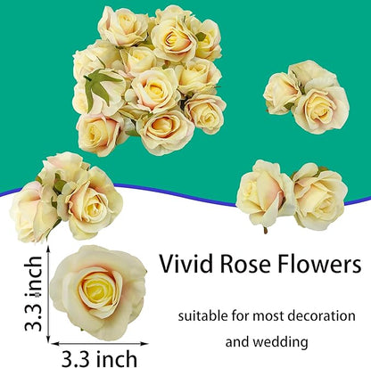 Artificial Satin Rose Flower Heads,42 Pcs Silk Rose Heads with Stems,3.3'' Rose Artificial Flowers Bulk,Artificial Rose Flower Heads for DIY Crafts Bouquet (42, Champagne)