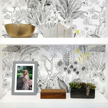 Wudnaye Floral Peel and Stick Wallpaper Vintage Contact Paper 17.7 inch×118.1 inch Gray Flower Wallpapers Self Adhesive Removable White and Black Contact Paper Waterproof for Bathroom Vinyl