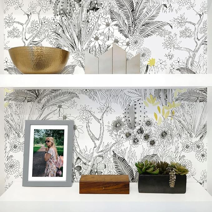 Wudnaye Floral Peel and Stick Wallpaper Vintage Contact Paper 17.7 inch × 393.6 inch Gray Flower Wallpapers Stick and Peel Removable Contact Paper White Waterproof for Bathroom Self Adhesive Vinyl