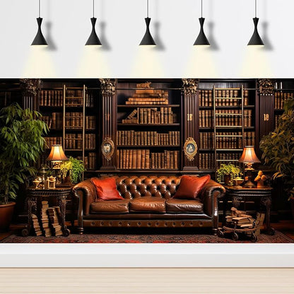 Vintage Luxury Library Bookshelf Backdrop School Library Bookshelf Collection Photography Background Home Office Sofa Business Conversation Room Retro Books Shelves Background Videos Prop 15x10ft