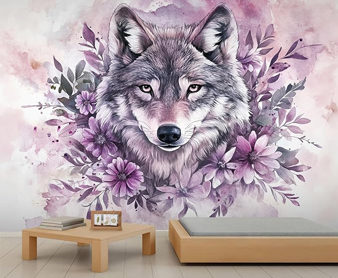 Wolf with Floral Watercolor Wall Mural, Purple Wolf Watercolor Art 3D Wall Murals, Art Flower Painting Wallpaper Mural, for Living Room Bedroom Large Wallpaper Indoor Decor 137.8" W x100 H