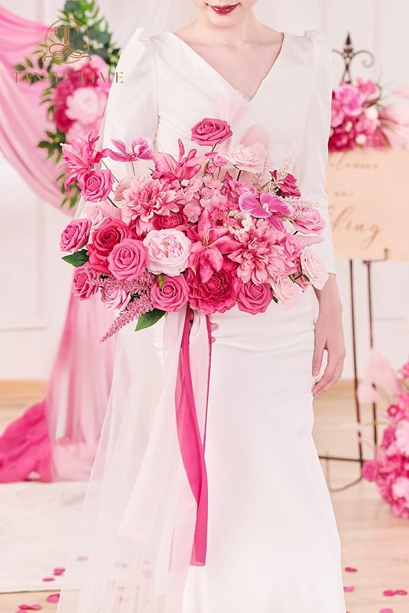 TINGE TIME 17 Inch Artificial Bridal Bouquet Realistic Silk Wedding Bouquet, Durable Fake Flowers for Brides, Bridesmaids, Home Decor, and Events (Hot Pink)