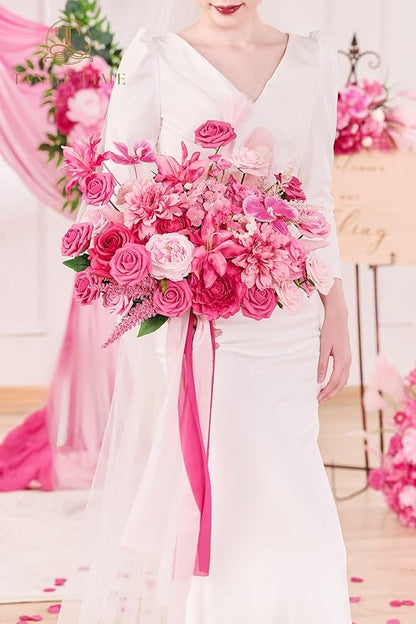 TINGE TIME 17 Inch Artificial Bridal Bouquet Realistic Silk Wedding Bouquet, Durable Fake Flowers for Brides, Bridesmaids, Home Decor, and Events (Hot Pink)