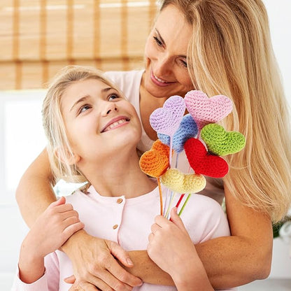YoungJoy 12 Pcs Crochet Rose Handmade Knitted Flowers Tulip Sunflower Daisy Heart Artificial Knitted Floral Mother Day Graduation Home Decor(Colorful Heart)