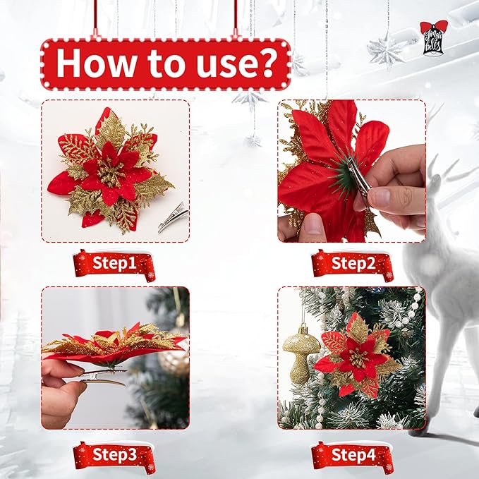 24Pcs Christmas Poinsettia Artificial Flowers and Glitter Berries Kit, 2 Styles Total 16Pcs Christmas Tree Flowers Ornaments, 8Pcs Christmas Tree Picks for Wedding Holiday Decorations, Red Gold