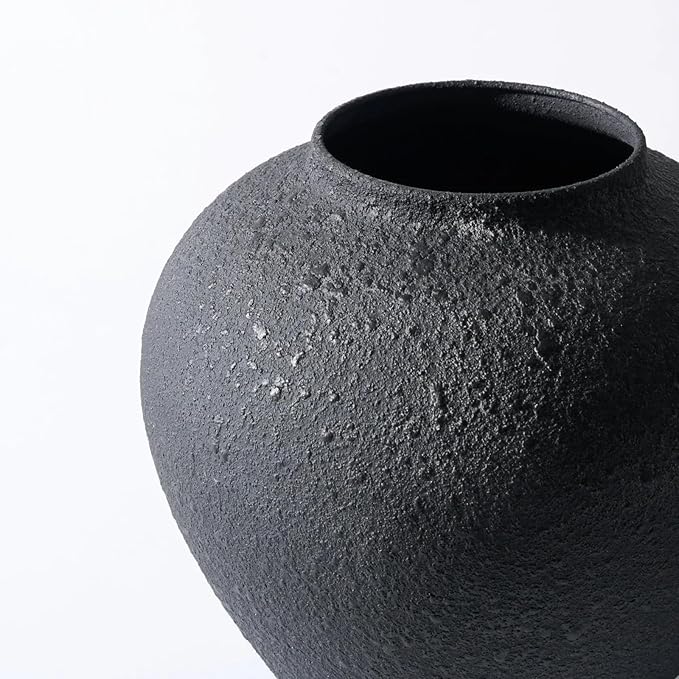Black Large Round Vase Pottery Look for Home Decor, Arina Black Rustic Vase Modern Farmhouse, Console Table Decor, Earthy Textured Big Black Round Vases for Centerpieces, Jarrones Grandes