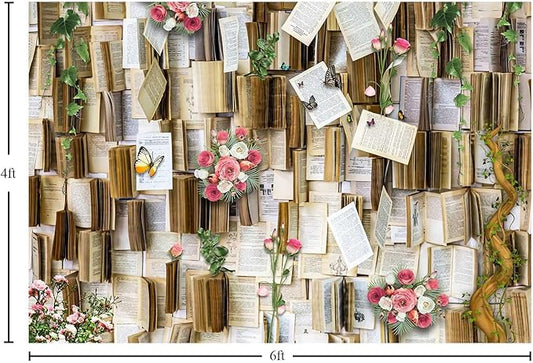 6x4ft Books Background for Photography Books Pages Pink Flowers Wedding Party Backdrop for Book Lovers Photography Studio Props KUHBDJ166