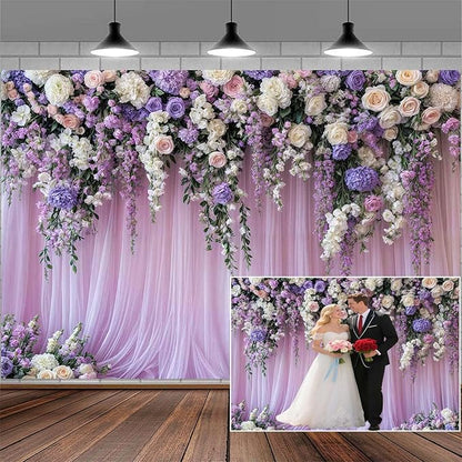 6x6ft Purple Lavender Floral Bridal Backdrop Wedding Flower Photography Backdrop for Girl Portrait Baby Shower Birthday Party Decor Banner Mother's Day Party Wall Backdrop Studio Photo Backgrounds