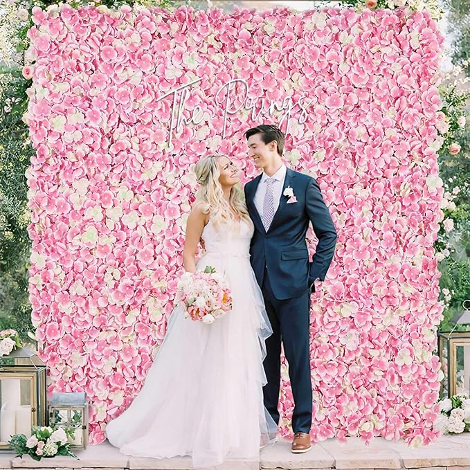 Pink Backdrop Flower Wall Panel: 24 Pcs 3D Silk Flower Wall Backdrop Artificial Hydrangea Floral Backdrop for Wedding Party Birthday Decoration (15 x 15 Inch)