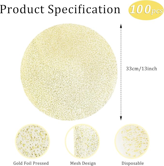 Hysenm 100 Pcs Disposable Gold Placemats Set Metallic 13 Inch Round Foil Mesh Pressed Table Doilies, Ultra-Thin Disposable Placement Mats for Home Decoration Dining Table Wedding Birthday Party