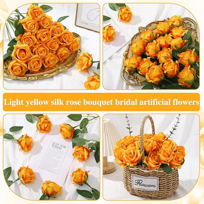 80 Pcs Roses Artificial Flowers, Silk Gradient Yellow Artificial Flowers Petals Long Stem Roses for Wedding Bouquet Home Party Decor