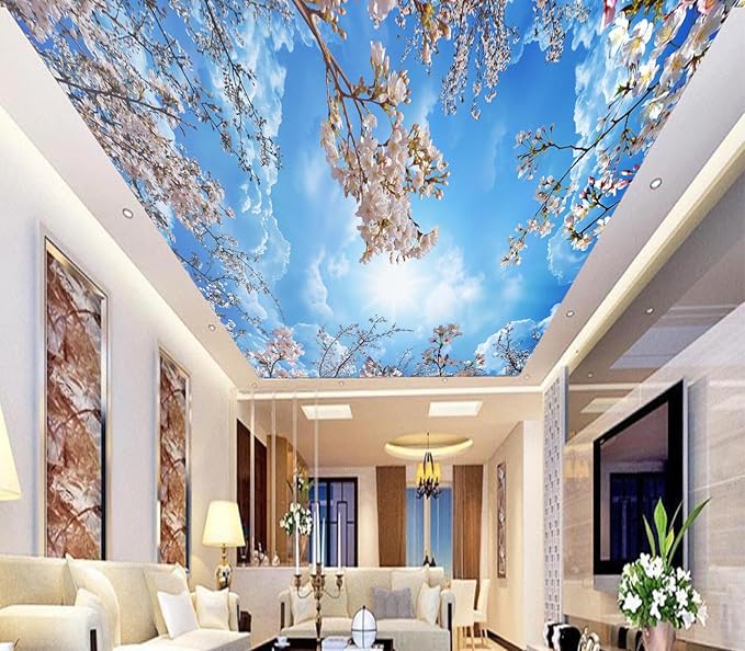 Eierme-Pink Cherry Blossoms and Blue Sky and White Clouds Ceiling Peel and Stick 160" x 114"