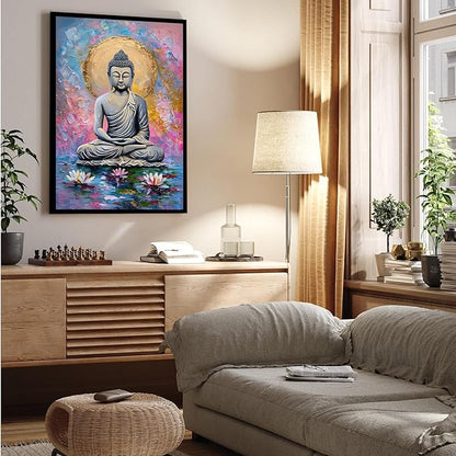 Lotus and golden Buddha meditation tranquil zen wall art mindfulness wall art for spiritual harmony and tranquility decor 20x30in Metal blackFramed