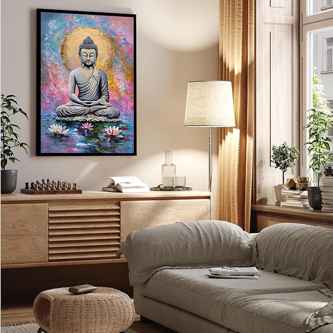 Lotus and golden Buddha meditation tranquil zen wall art mindfulness wall art for spiritual harmony and tranquility decor 24x36in Metal blackFramed
