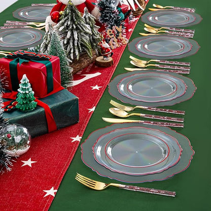 Liacere 150PCS Clear and Red Plastic Plates-Clear Red Disposable Plates with Glitter Bamboo Handle Cutlery-60 Baroque Elegant Plates,30 Forks,30 Spoons,30 Knives for Wedding&Christmas