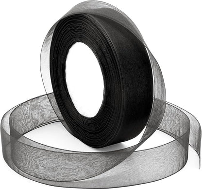 Black Ribbon for Gifts Wrapping, 1 inch 50Yard Sheer Organza Ribbon, Gift Wrap Chiffon Ribbons for Halloween, Fathers Day, Wedding, Party Decoration, Hair, Crafts, Flower Bouquet
